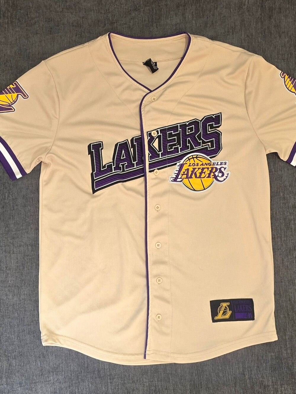 LA Lakers Ultra Game Baseball Jersey Cream Tan Button Up Short Sleeve S